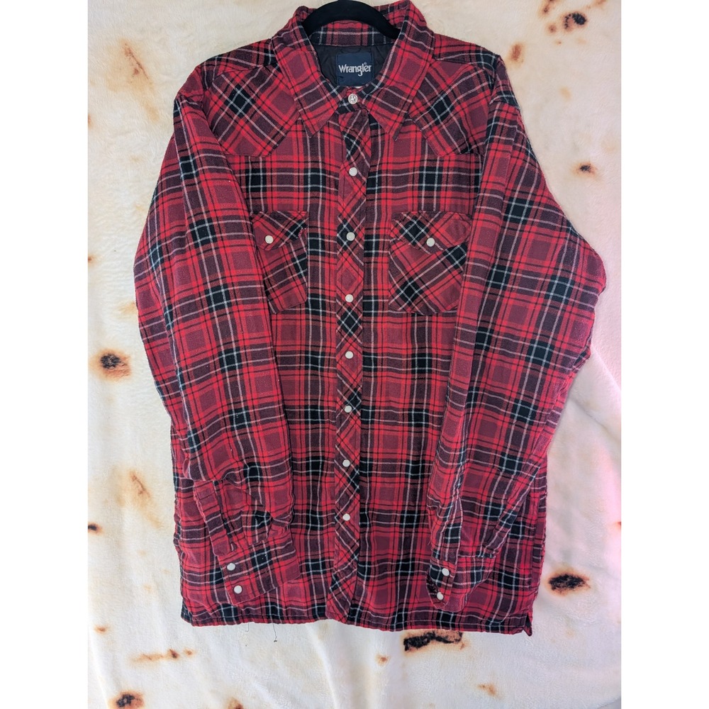 Wrangler Flannel Shirt Jacket Mens Large Tall Red Plaid Quilted Western Snap